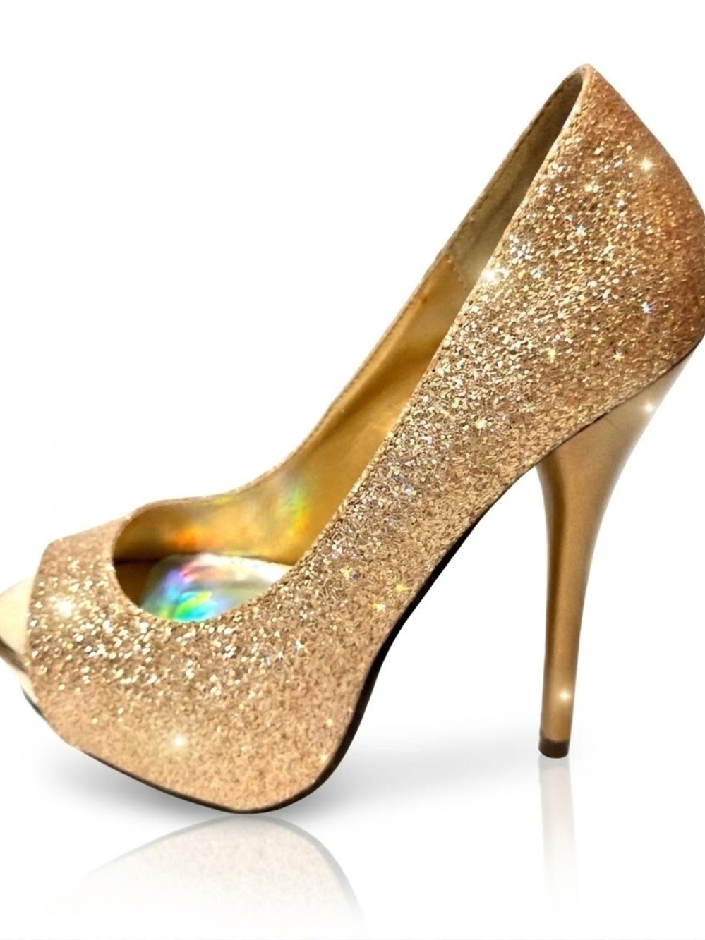 LASONIA Gold Glitter Peep-Toe Platform Stiletto Heels 6.5-NIB